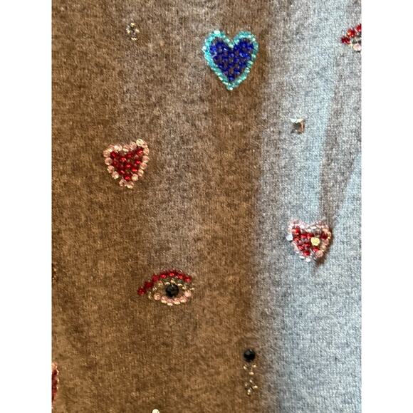 Halogen Cashmere Size 2X Rhinestone Beaded Sequin Stone Gray Sweater Hearts Eye - Picture 8 of 10